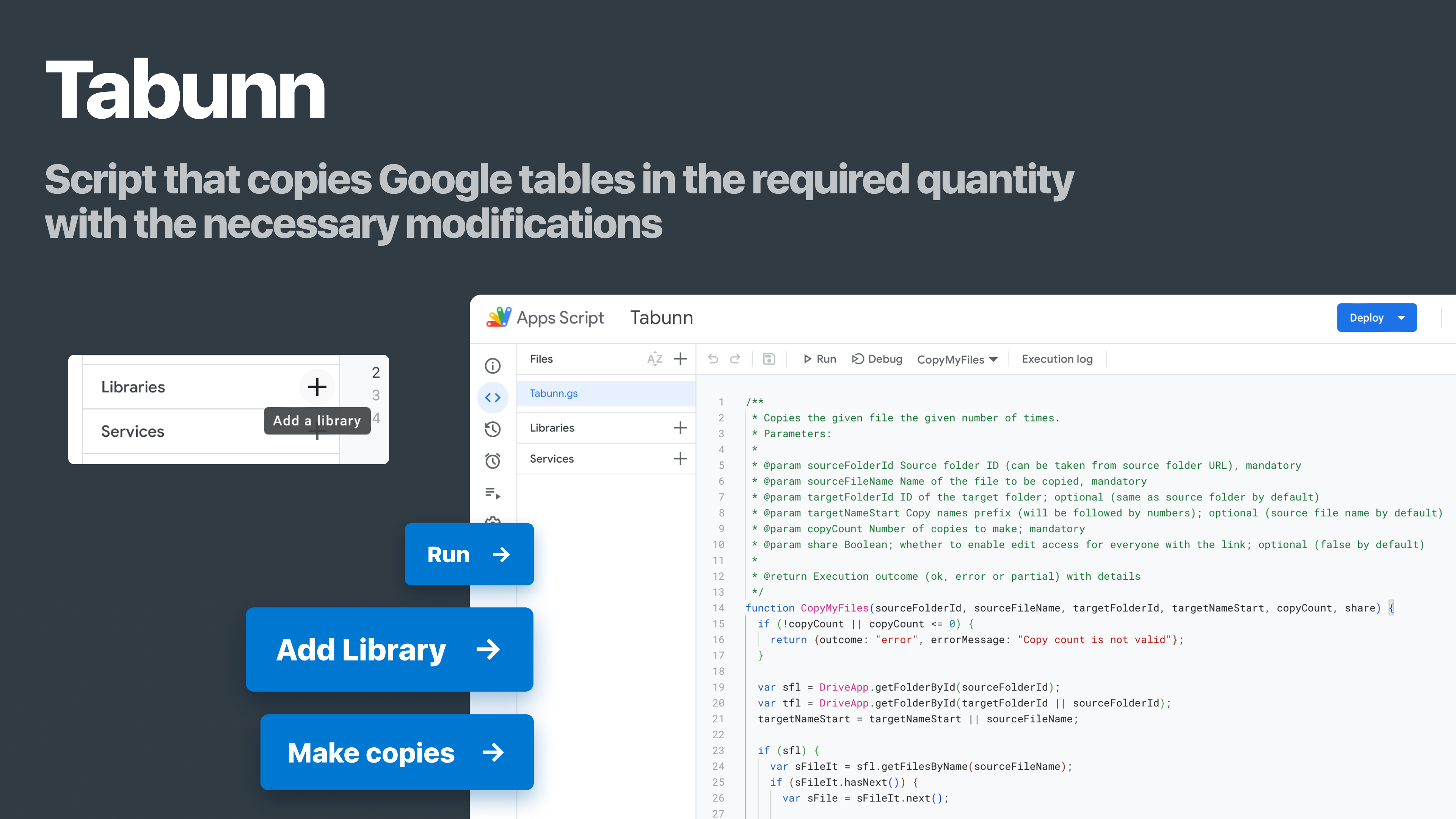 Script that copies Google tables in the required quantity with the necessary modifications (names, numbering, username, etc.).